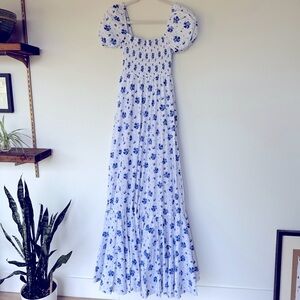 NWT Caroline Constas Gianna Smocked Puff Sleeve Maxi Blue Spot Floral | Sz Med